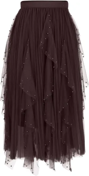 Tulle Skirts for Women Fashion A-Line Fairy Elastic Waist Midi Skirts Mesh Solid Color Flowy Half Dress Plus Size