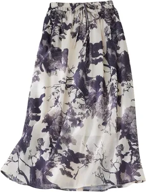Vintage Floral Print Midi Skirt Women Drawstring Elastic Waist Flowy A-Line Skirts Casual Lightweight Beach Skirt