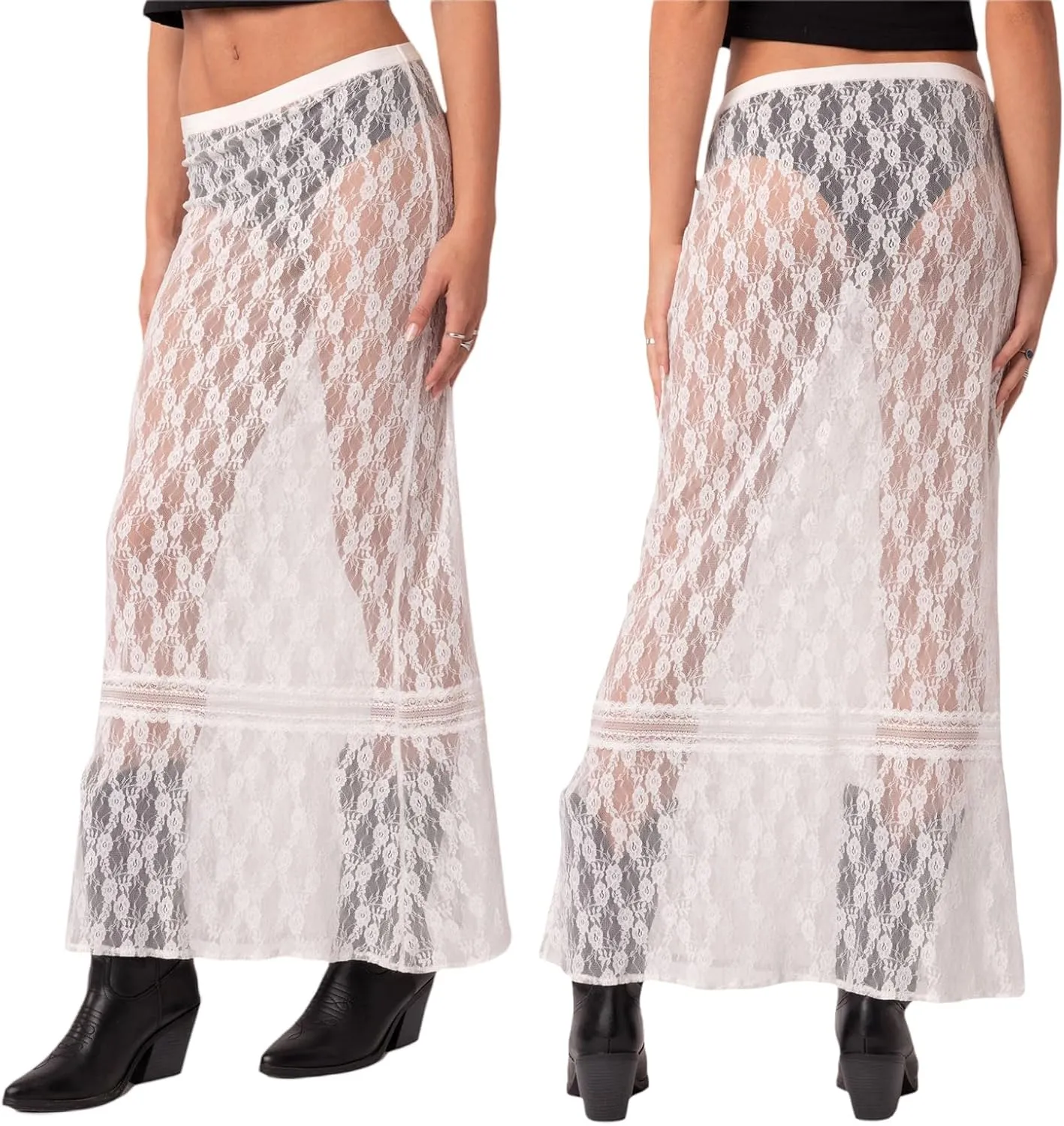 White Lace Midi Skirts for Women Y2k Fairy Grunge Bodycon Half Skirt E-Girls See-Through Wrapped Long Skirt