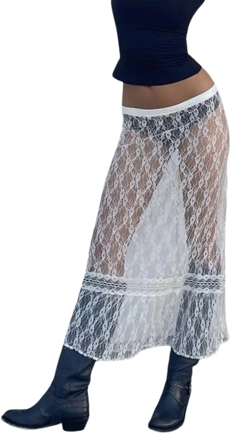 White Lace Midi Skirts for Women Y2k Fairy Grunge Bodycon Half Skirt E-Girls See-Through Wrapped Long Skirt