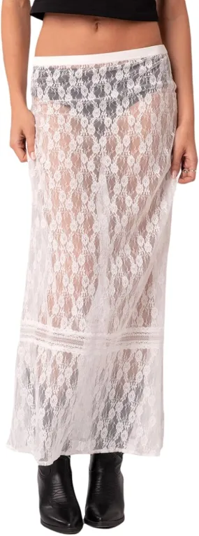White Lace Midi Skirts for Women Y2k Fairy Grunge Bodycon Half Skirt E-Girls See-Through Wrapped Long Skirt