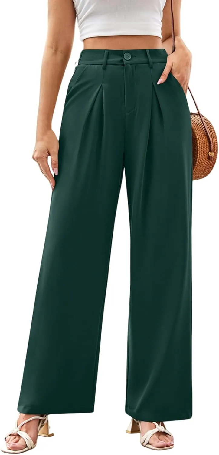 Wide Leg Dress Pants for Women Business Casual High Waisted Work Pants Baggy Dressy Trouser Pants with Pockets