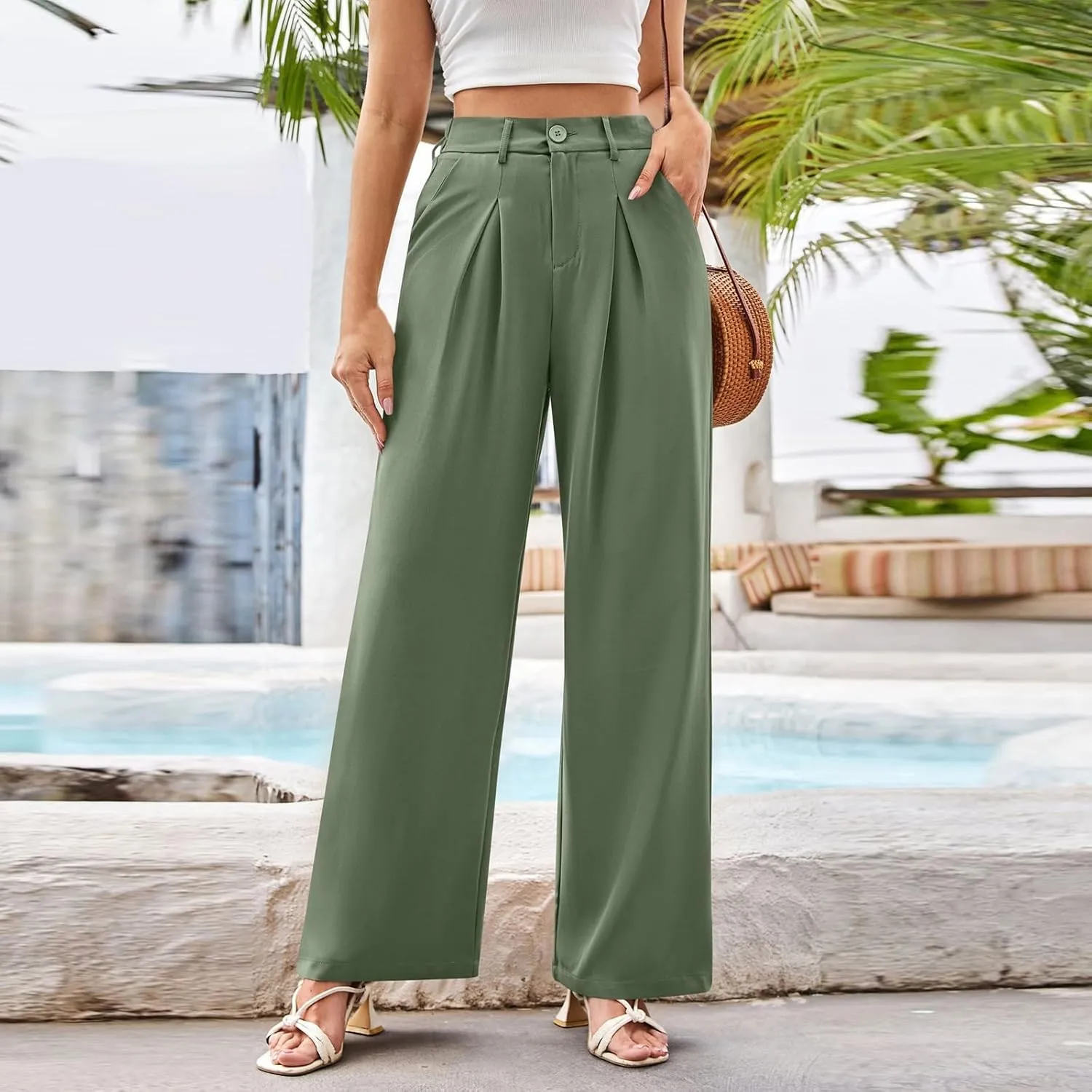Wide Leg Dress Pants for Women Business Casual High Waisted Work Pants Baggy Dressy Trouser Pants with Pockets