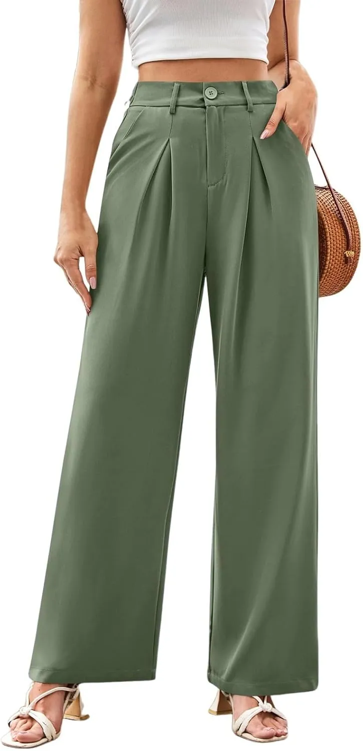 Wide Leg Dress Pants for Women Business Casual High Waisted Work Pants Baggy Dressy Trouser Pants with Pockets