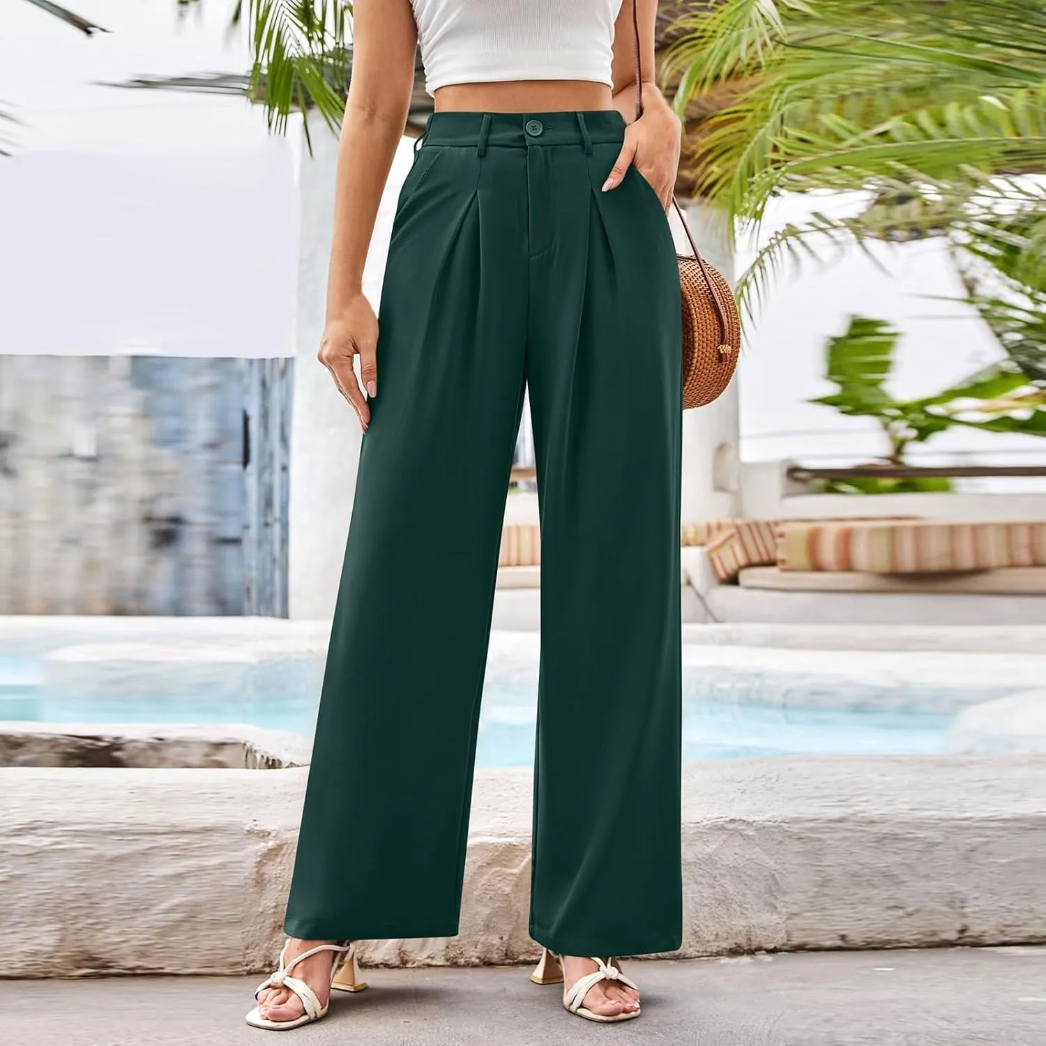 Wide Leg Dress Pants for Women Business Casual High Waisted Work Pants Baggy Dressy Trouser Pants with Pockets