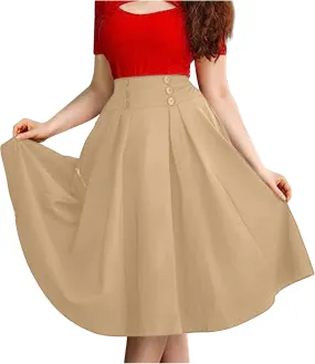 Women A-Line Flared Swing Skirt Midi High Waist Skirts Vintage Party Half Dress Pleated Swing Mid Calf Skirts