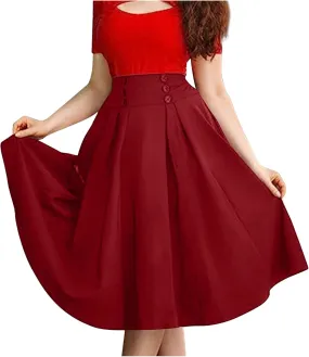 Women A-Line Flared Swing Skirt Midi High Waist Skirts Vintage Party Half Dress Pleated Swing Mid Calf Skirts