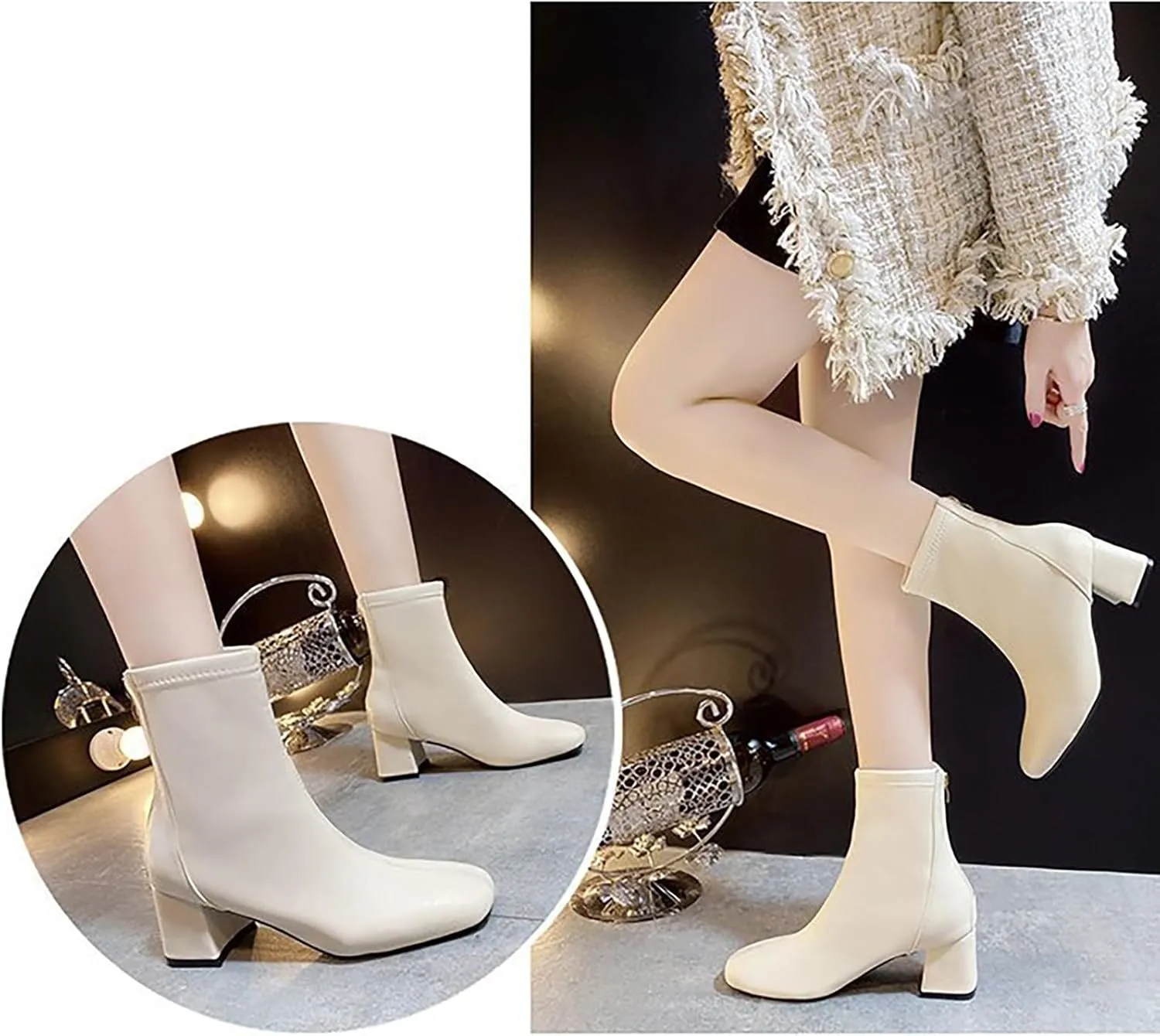 Women Booties Woman Cowboy Boots Silver Boots Dress Women Low Heel Womens Fall Booties and Ankle Boots Wedges Womens Black Square Toe Low Heel Ankle Boots