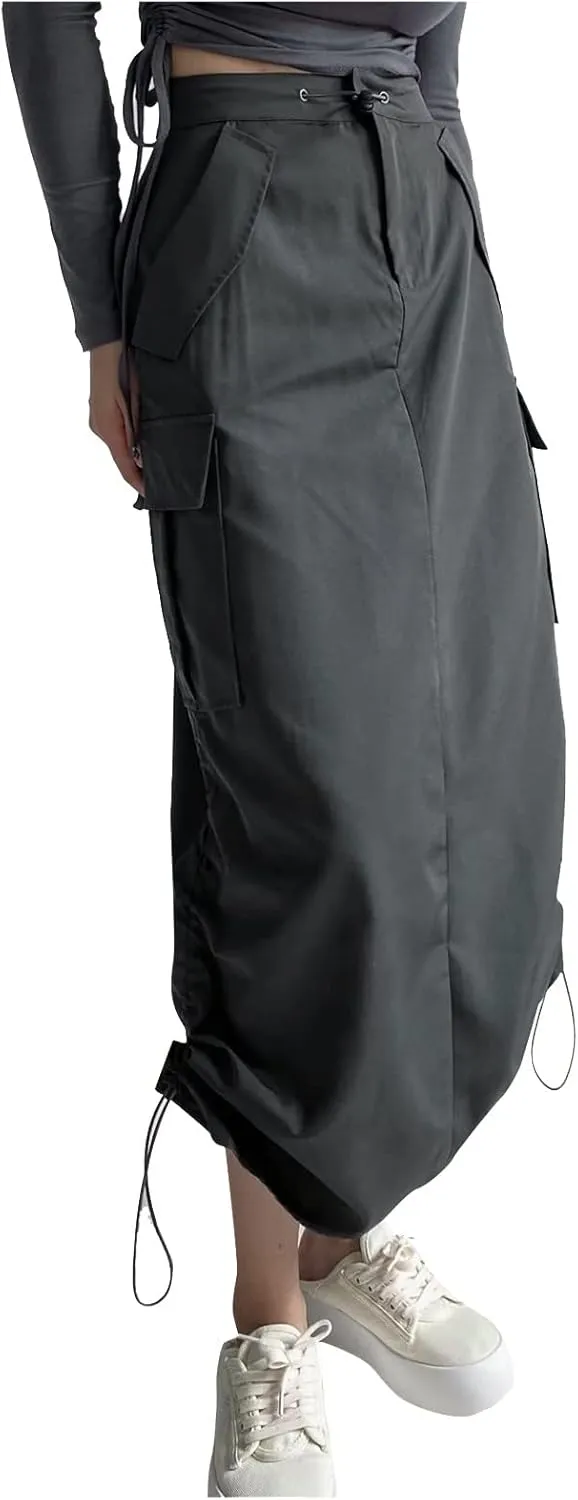 Women Cargo Skirt Long Skirt with Slit for Womens Casual Sexy Maxi Midi Skirts with Pocket Drawstring Waist Skirt