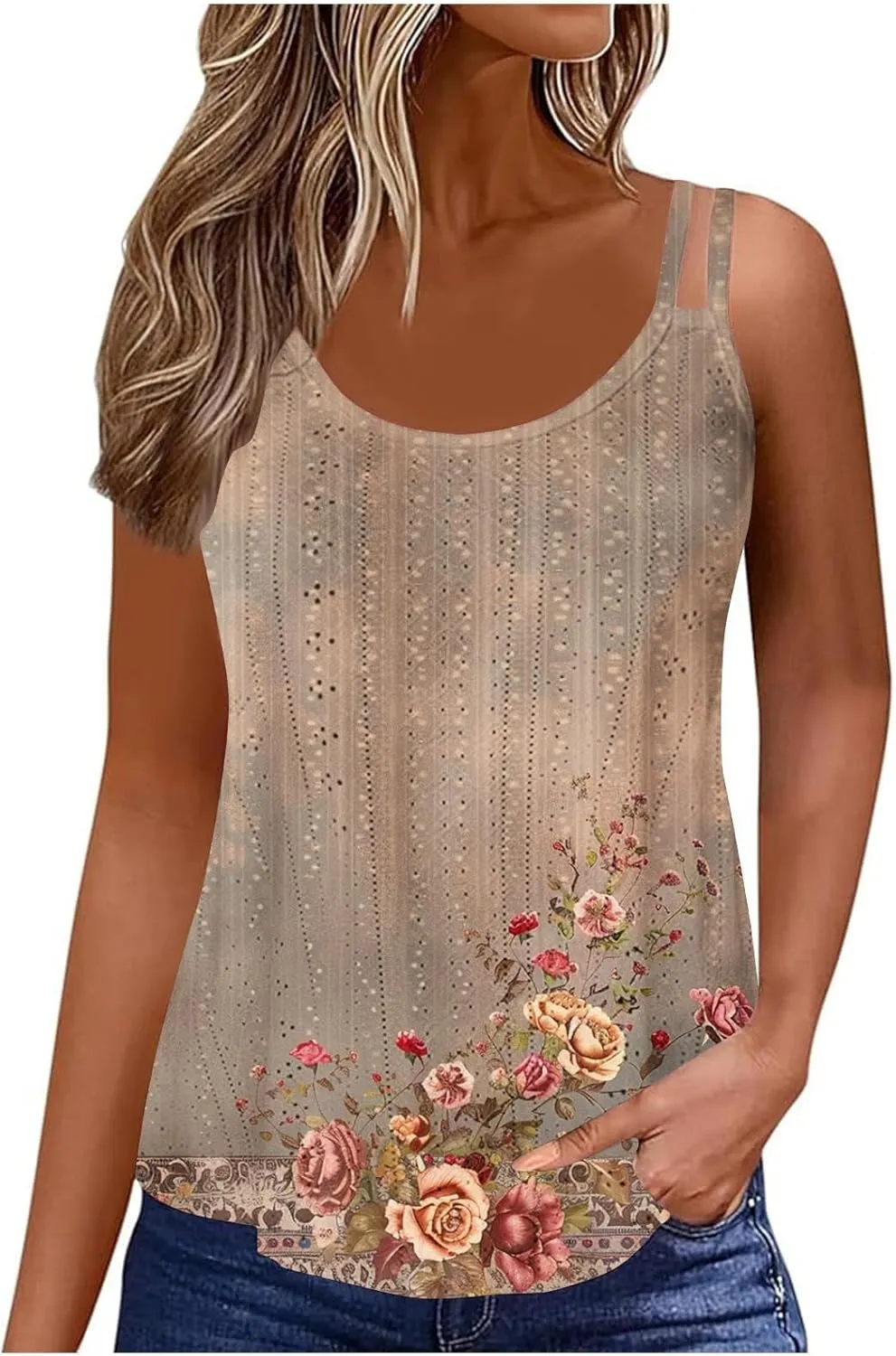 Women Crew Neck Tops Sleeveless Summer Shirts Floral Print Tank Tops Spaghetti Straps Casual Blouses Shirt Flowy Tee