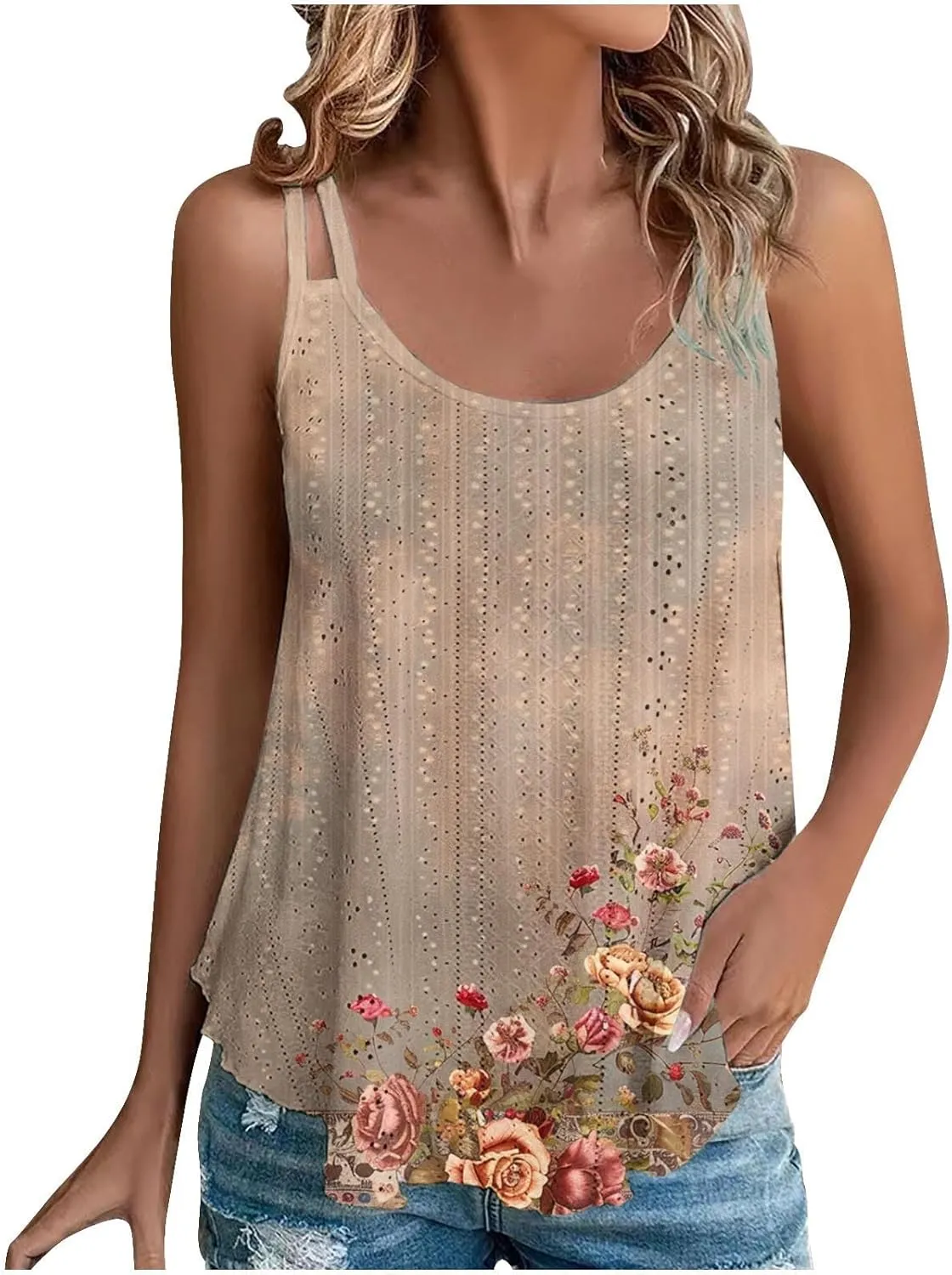 Women Crew Neck Tops Sleeveless Summer Shirts Floral Print Tank Tops Spaghetti Straps Casual Blouses Shirt Flowy Tee