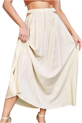 Women Cutout High Waist Midi Skirt Summer Casual Pleated A-Line Skirts Lightweight Flowy Solid Beach Long Skirt