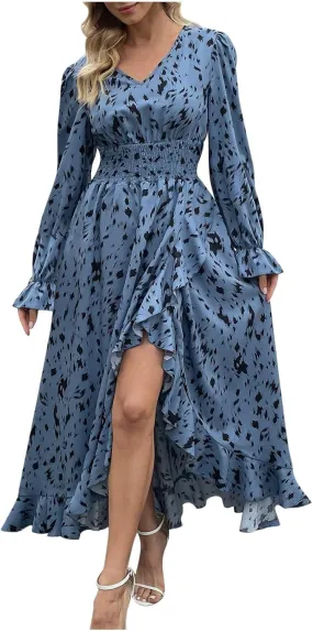 Women Dresses Casual Midi V Neck Long Sleeve Maxi Dresses Floral Boho Fall Dresses Elegant Wedding Guest Dress
