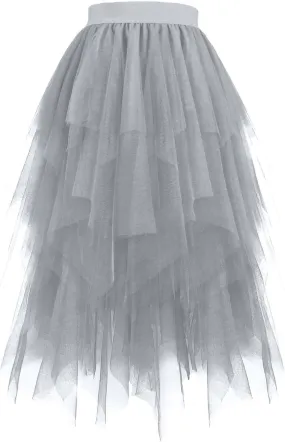 Women Fashion Layered Tulle Skirts, High Waisted Irregular Hem Midi Skirts Tutu Layered Puffy Fairy Skirts Party Clothes