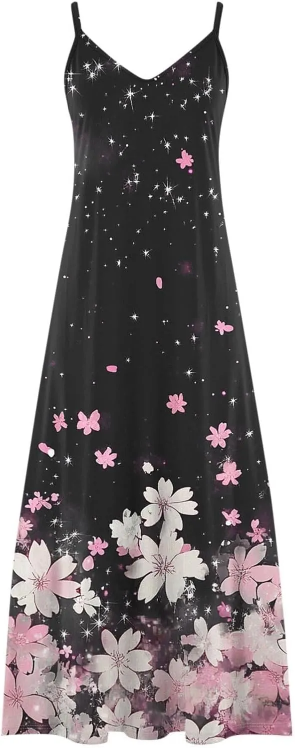 Women Floral Spaghetti Strap Sundress 2025 Spring Summer Spaghetti Straps V-Neck Plus Size Loose Casual Maxi Dress