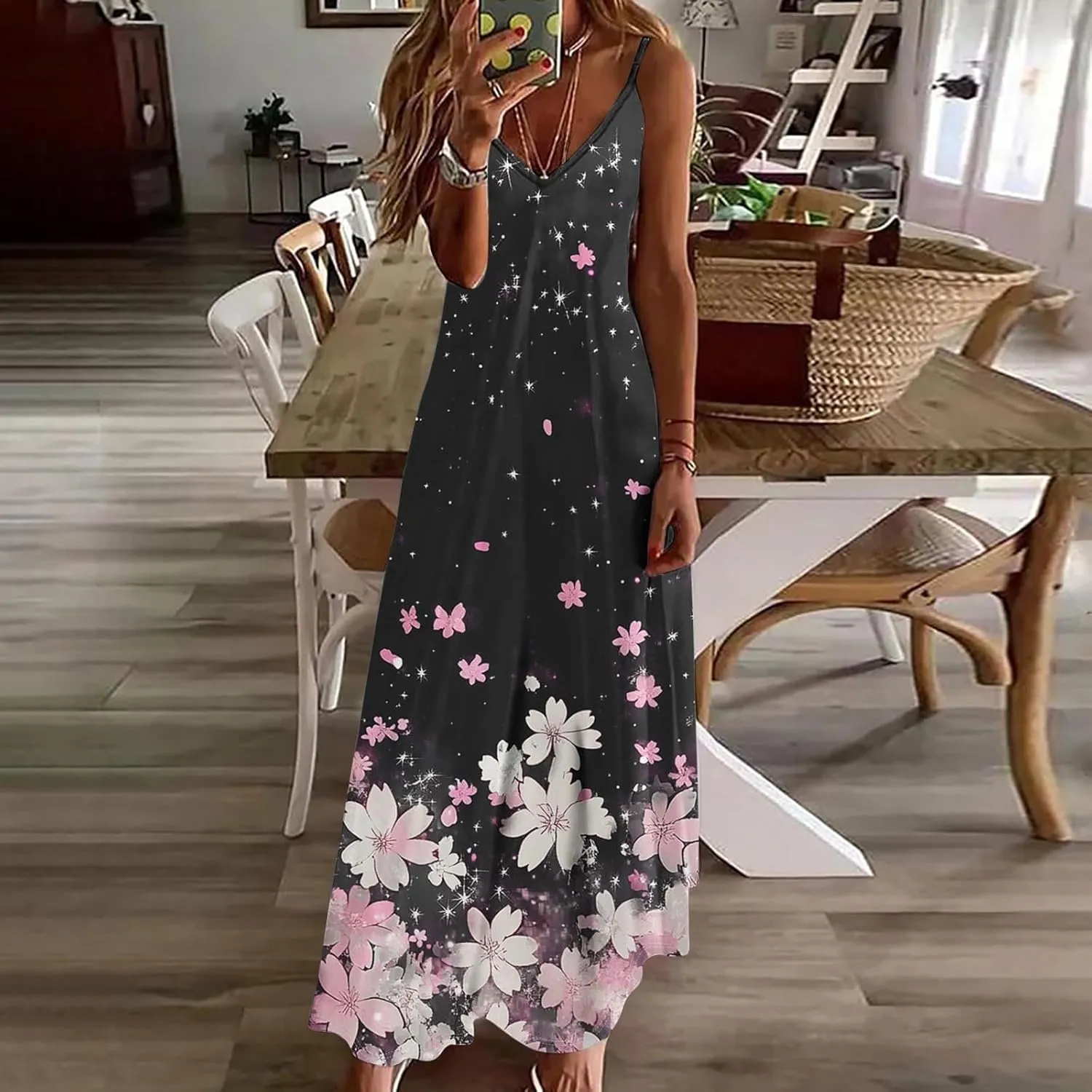 Women Floral Spaghetti Strap Sundress 2025 Spring Summer Spaghetti Straps V-Neck Plus Size Loose Casual Maxi Dress