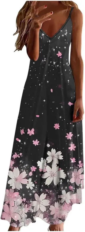 Women Floral Spaghetti Strap Sundress 2025 Spring Summer Spaghetti Straps V-Neck Plus Size Loose Casual Maxi Dress
