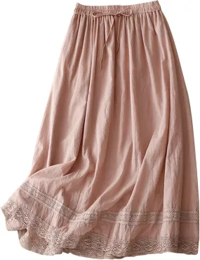 Women Lace Embroidered Hem Midi Skirt Summer Cotton Linen Pleated A-Line Skirts Elastic Tie High Waist Beach Skirt