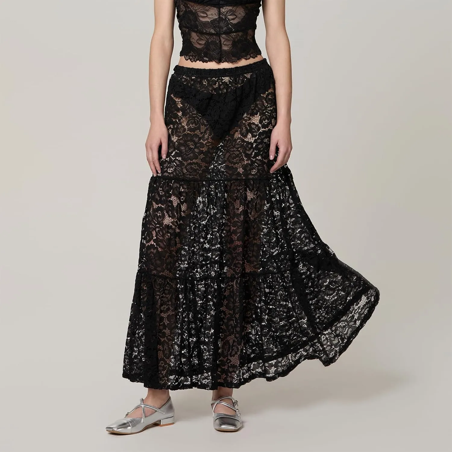 Women Lace Maxi Skirts Sexy Sheer Mesh Bodycon Long Skirts High Waist Summer Cover Up Beach Skirts