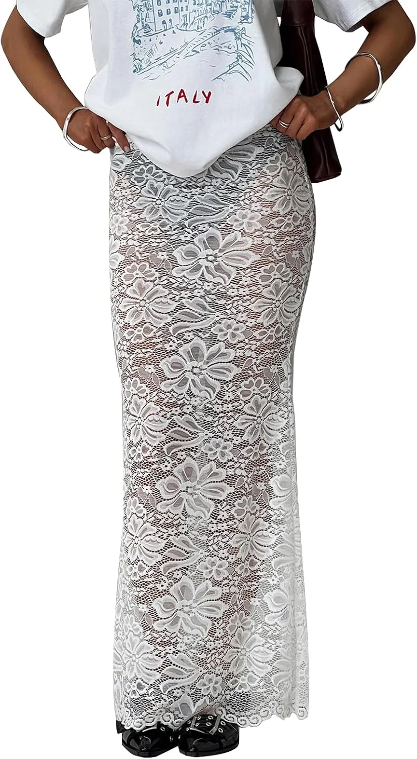 Women Lace Sheer Maxi Skirt Y2k High Waist Split Midi Skirt Sexy See Through Cover Up Long Skirt Beach Boho Clubwear