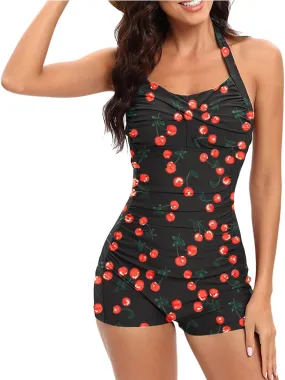 Women One Piece Swimsuit Retro Halter Bathing Suits Tummy Control Swimwear Boy-Leg Ruched Push up Swimsuit 2025