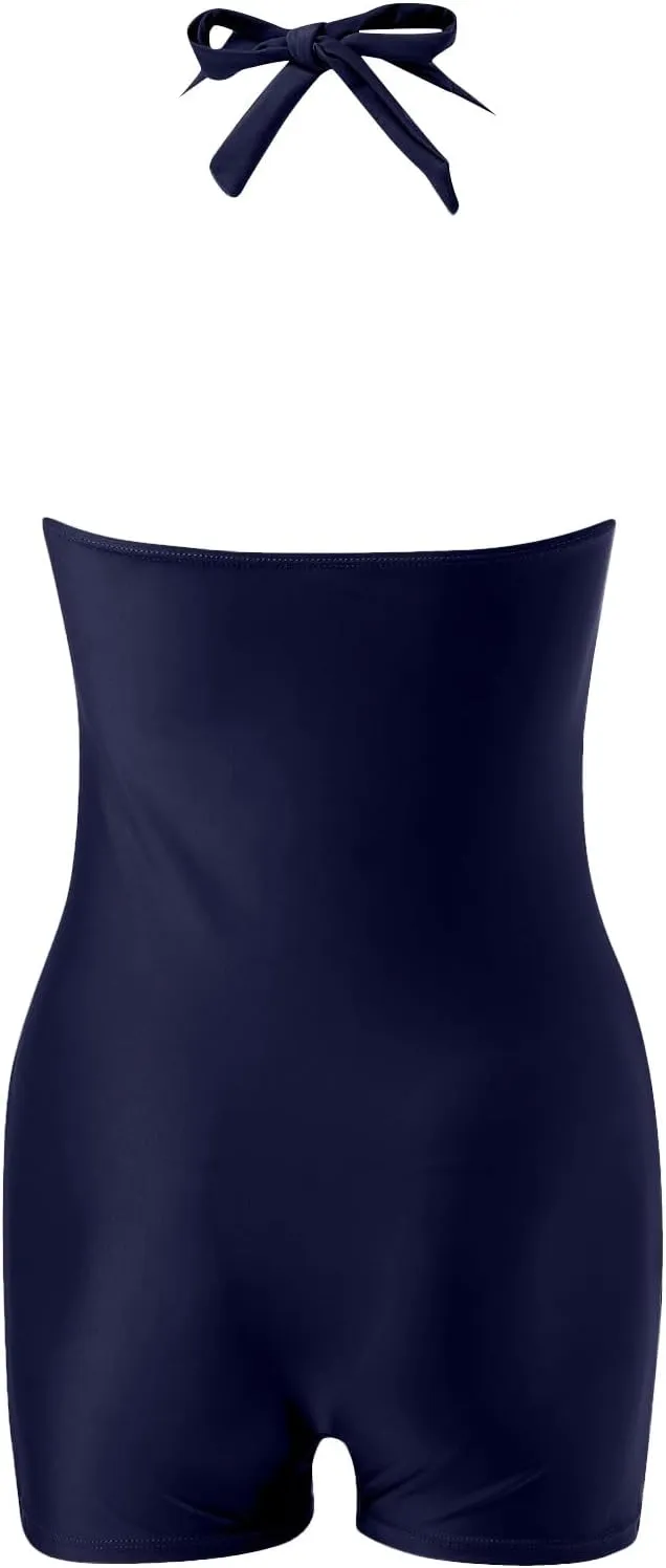 Women One Piece Swimsuit Retro Halter Bathing Suits Tummy Control Swimwear Boy-Leg Ruched Push up Swimsuit 2025