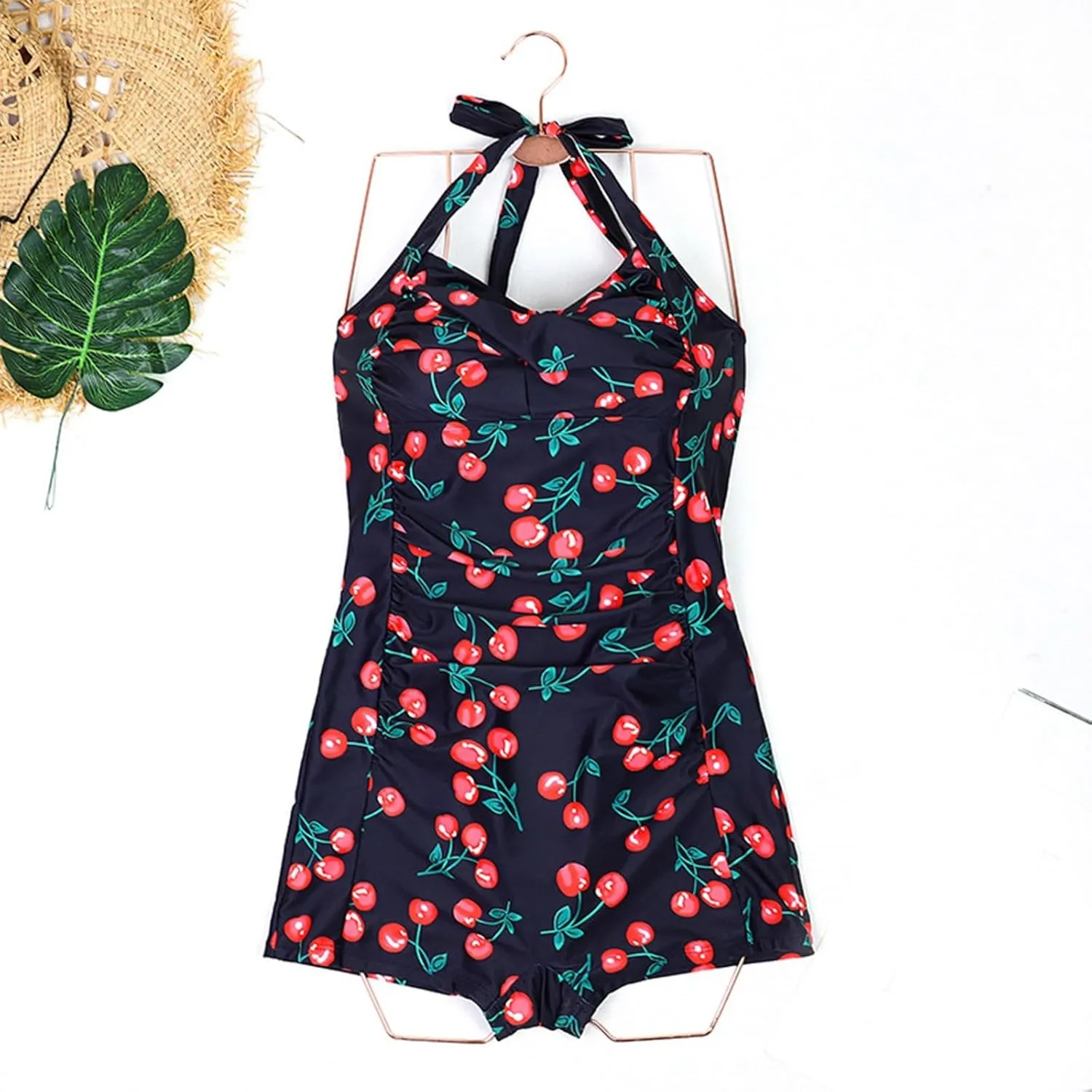 Women One Piece Swimsuit Retro Halter Bathing Suits Tummy Control Swimwear Boy-Leg Ruched Push up Swimsuit 2025