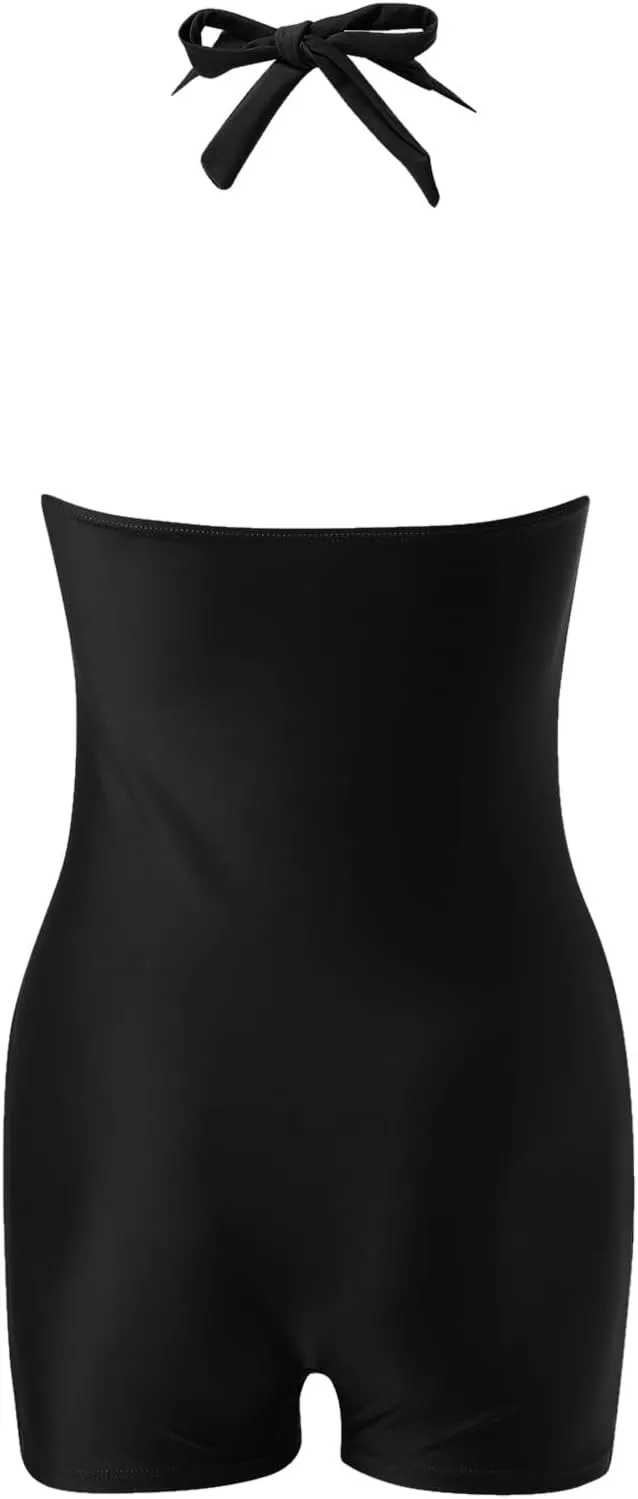 Women One Piece Swimsuit Retro Halter Bathing Suits Tummy Control Swimwear Boy-Leg Ruched Push up Swimsuit 2025