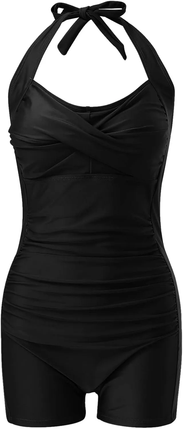 Women One Piece Swimsuit Retro Halter Bathing Suits Tummy Control Swimwear Boy-Leg Ruched Push up Swimsuit 2025