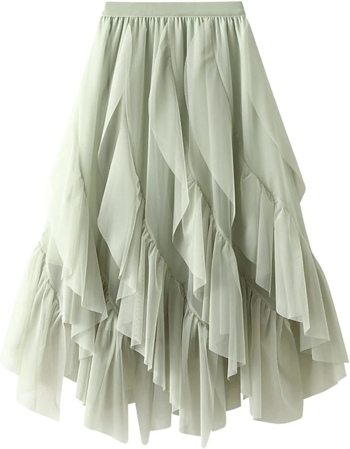 Women Ruffles A Line Pleated Skirt High Elastic Waist Tulle Midi Skirt Mesh Irregular Hem Lace Skirt