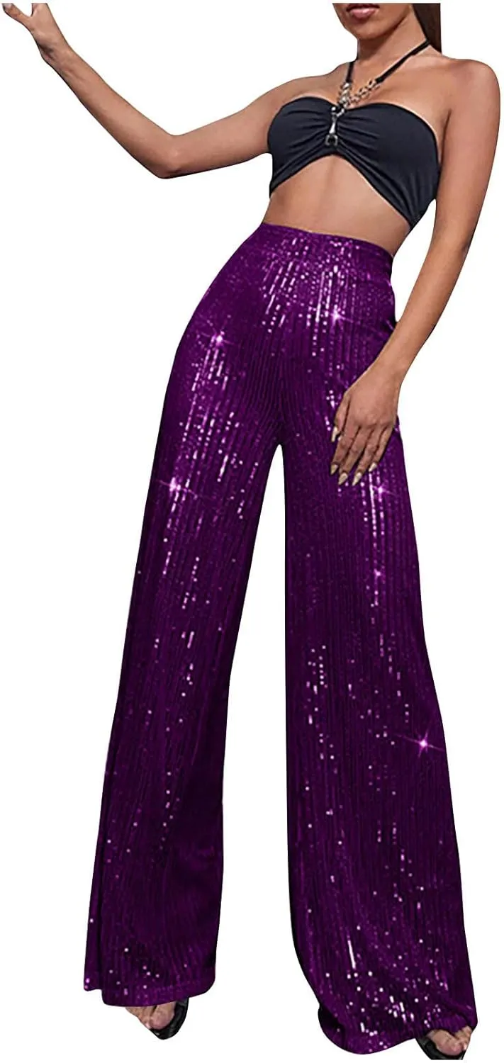 Women Sequin Pants High Waist Wide Leg Pants Long Glitter Palazzo Culottes Bling Party Clubwear Pants Fashion Trousers