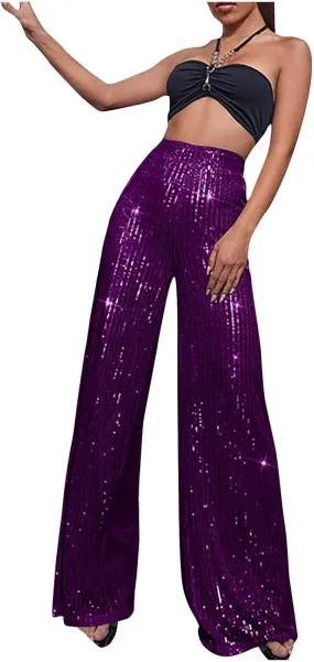 Women Sequin Pants High Waist Wide Leg Pants Long Glitter Palazzo Culottes Bling Party Clubwear Pants Fashion Trousers