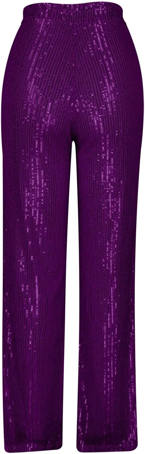 Women Sequin Pants High Waist Wide Leg Pants Long Glitter Palazzo Culottes Bling Party Clubwear Pants Fashion Trousers