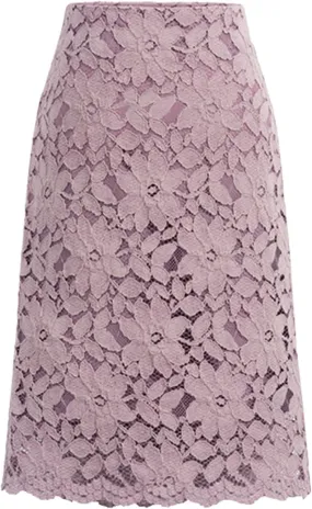 Women Sexy High Waist Pleated A-Line Knee Length Lace Floral Midi Skirt Chic Elegant Solid Slim Wrap Swing Skirt Pink