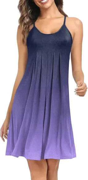 Women Spring Dresses Sleeveless Spaghetti Strap Boho Beach Dress Swimsuit Cover Up Pleated U Neck Mini Dress