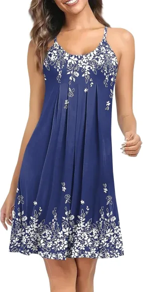 Women Spring Dresses Sleeveless Spaghetti Strap Boho Beach Dress Swimsuit Cover Up Pleated U Neck Mini Dress