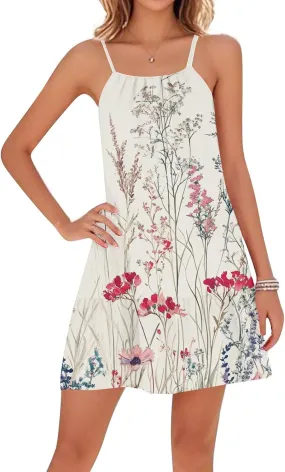 Women Summer Dresses Crewneck Sleeveless Adjustable Spaghetti Strap Beach Cover Ups Boho Backless Mini Sundress