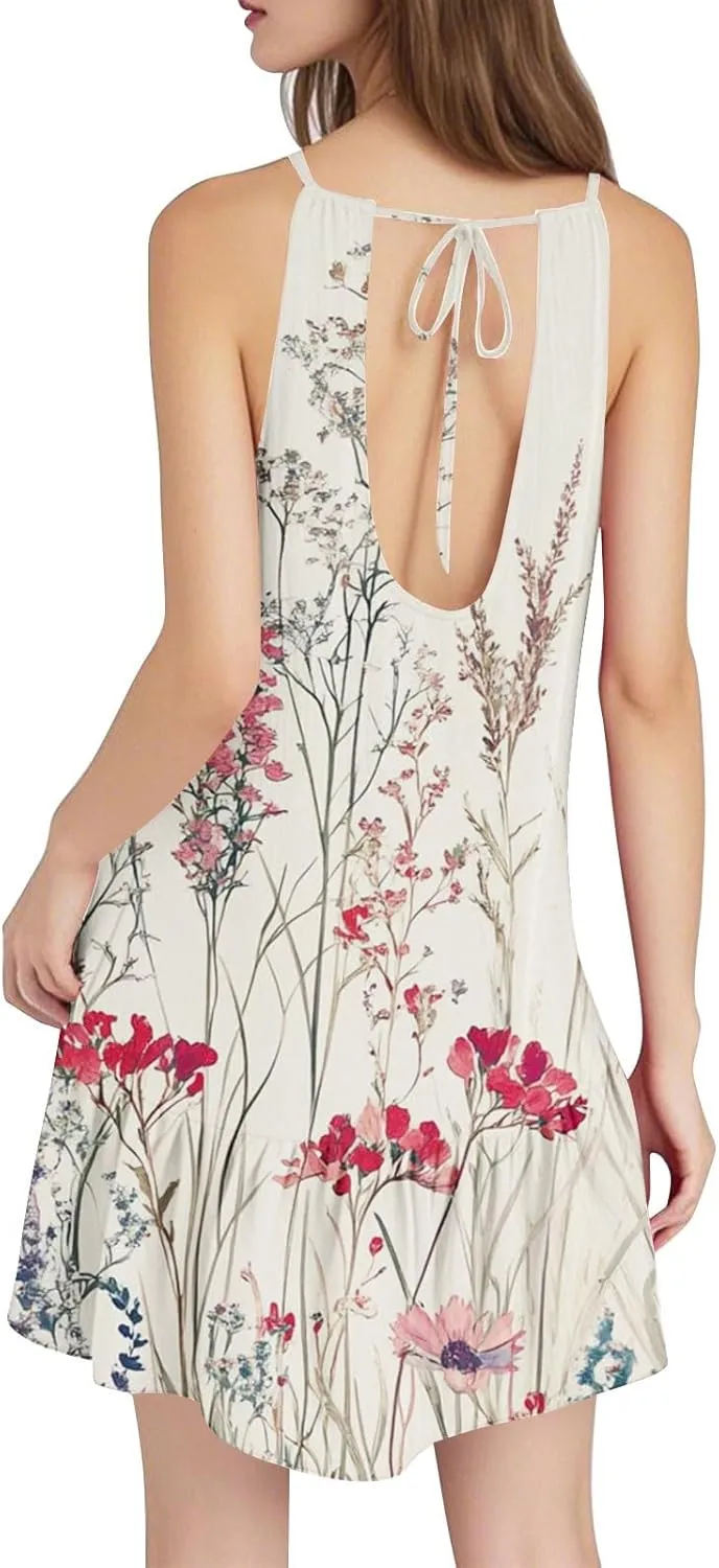 Women Summer Dresses Crewneck Sleeveless Adjustable Spaghetti Strap Beach Cover Ups Boho Backless Mini Sundress