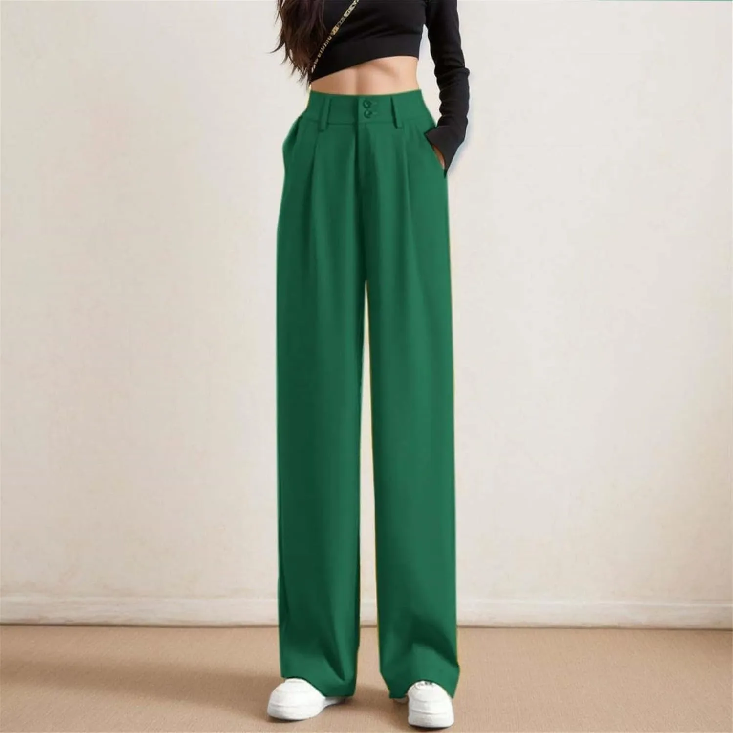 Women Wide Leg Pants Casual Solid Color Button Elastic High Waist Suit Pants Breathable Business Work Office Trouser