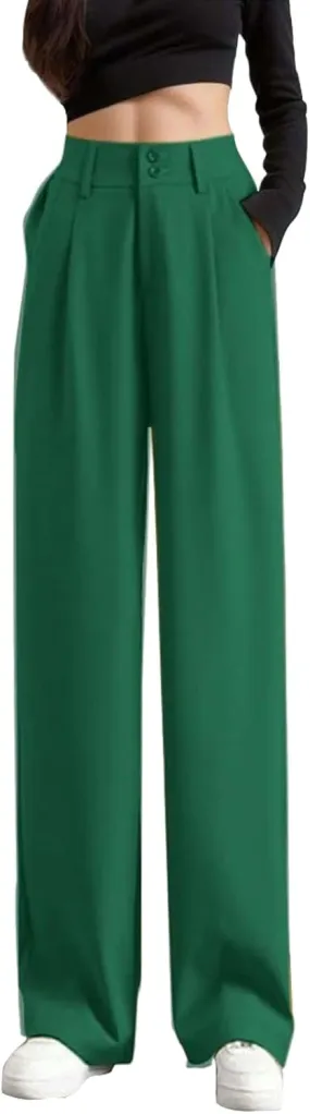 Women Wide Leg Pants Casual Solid Color Button Elastic High Waist Suit Pants Breathable Business Work Office Trouser