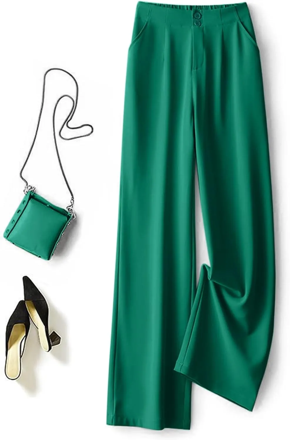 Women Wide Leg Pants Casual Solid Color Button Elastic High Waist Suit Pants Breathable Business Work Office Trouser