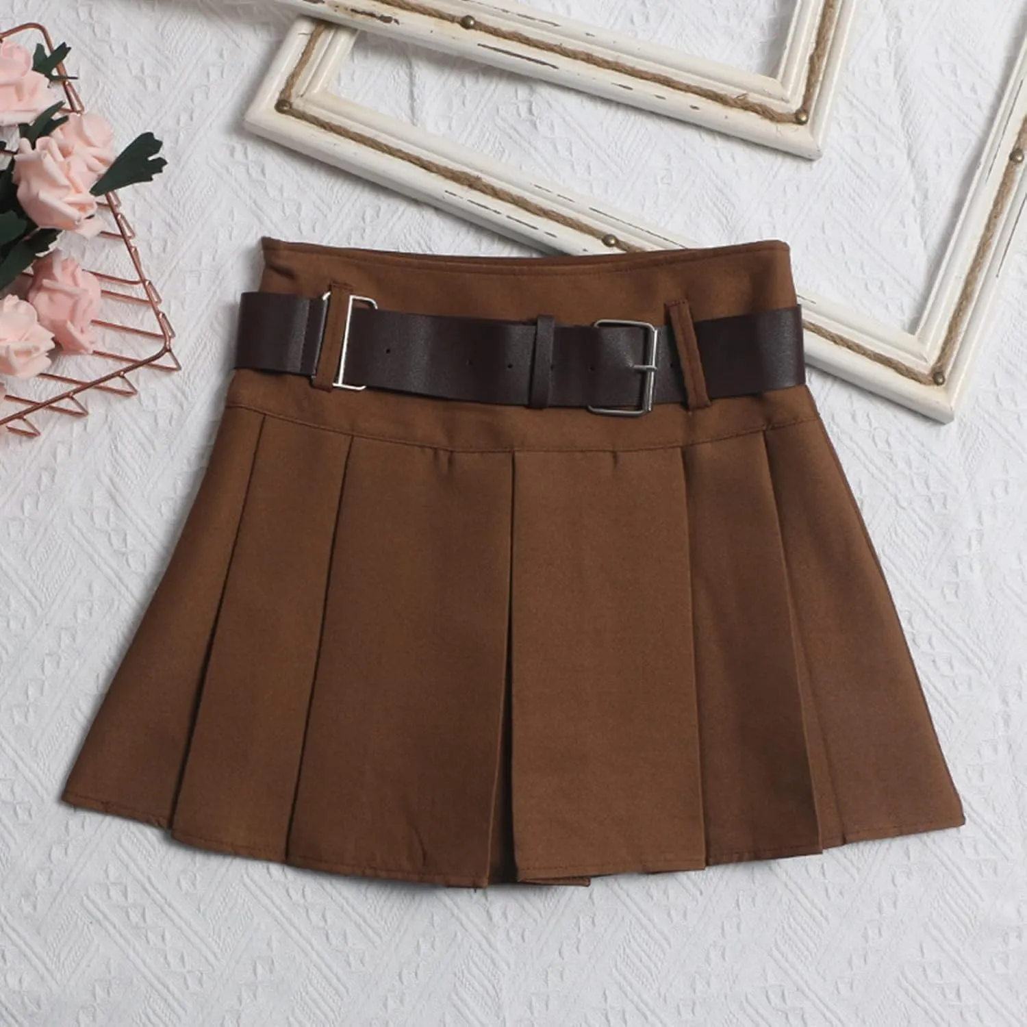 Women with Belt Pleated Half Skirt Short Skirt high Waist A-line Umbrella Skirt Half Skirt Pineapple Skirt Plus