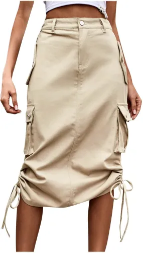 Women Y2k Drawstring Cargo Denim Skirt High Waist Ruched Parachute Maxi Long Skirts Vintage Jean Skirt with Pockets