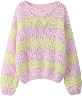 Women Y2k Oversized Striped Sweater Vintage Color Block Crew Neck Chunky Long Sleeve Pullover Harajuku Jumper