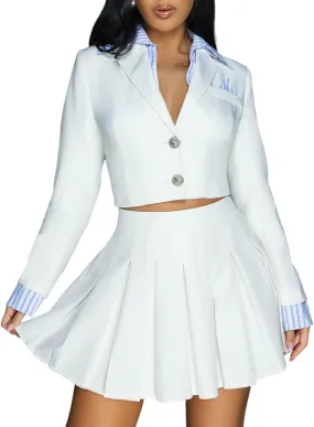 Womens 2 Piece Outfits Casual Cropped Blazer Jacket and High Waist Pleated Mini Skirt Sets Fashion Suit Set