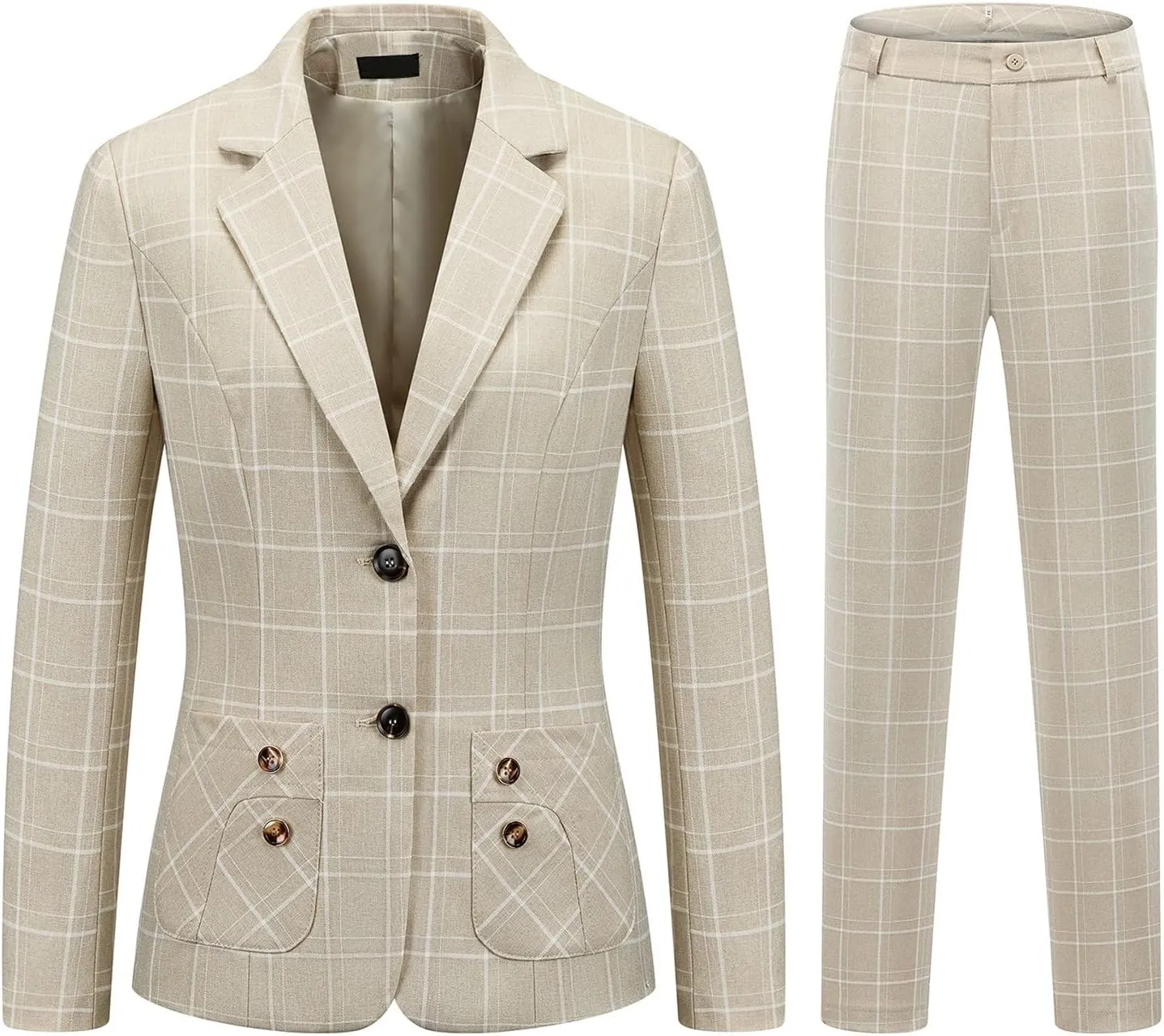 Womens 2 Piece Plaid Suits Set Business Office One Button Blazer Jacket Casual Long Sleeve Pant Suit Set