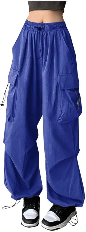 Womens Baggy Cargo Pants Hip Hop Vintage Solid Color Parachute Pant Casual Drawstring Hiking Trousers Y2K Streetwear