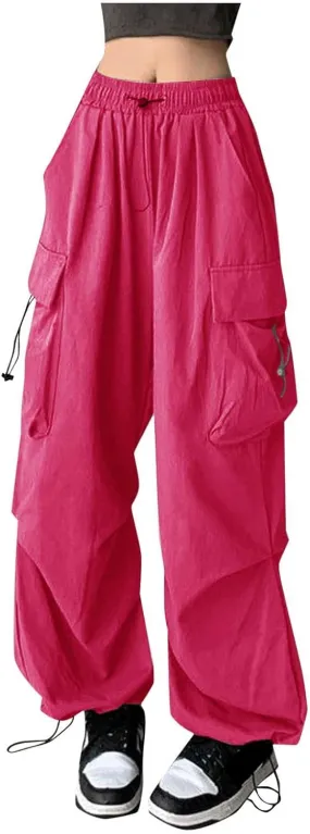 Womens Baggy Cargo Pants Hip Hop Vintage Solid Color Parachute Pant Casual Drawstring Hiking Trousers Y2K Streetwear