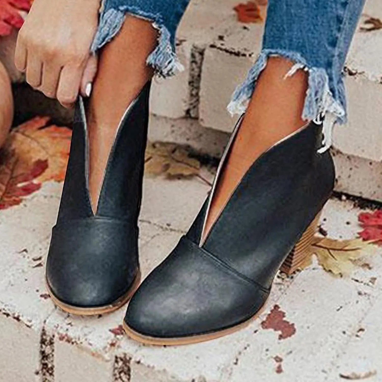 Womens Booties Low Heel Black Work Boots Women Botines Negros Para Mujer Black Boots for Women Black Wedge Ankle Boots for Women Womens Wide Toe Box Ankle Booties