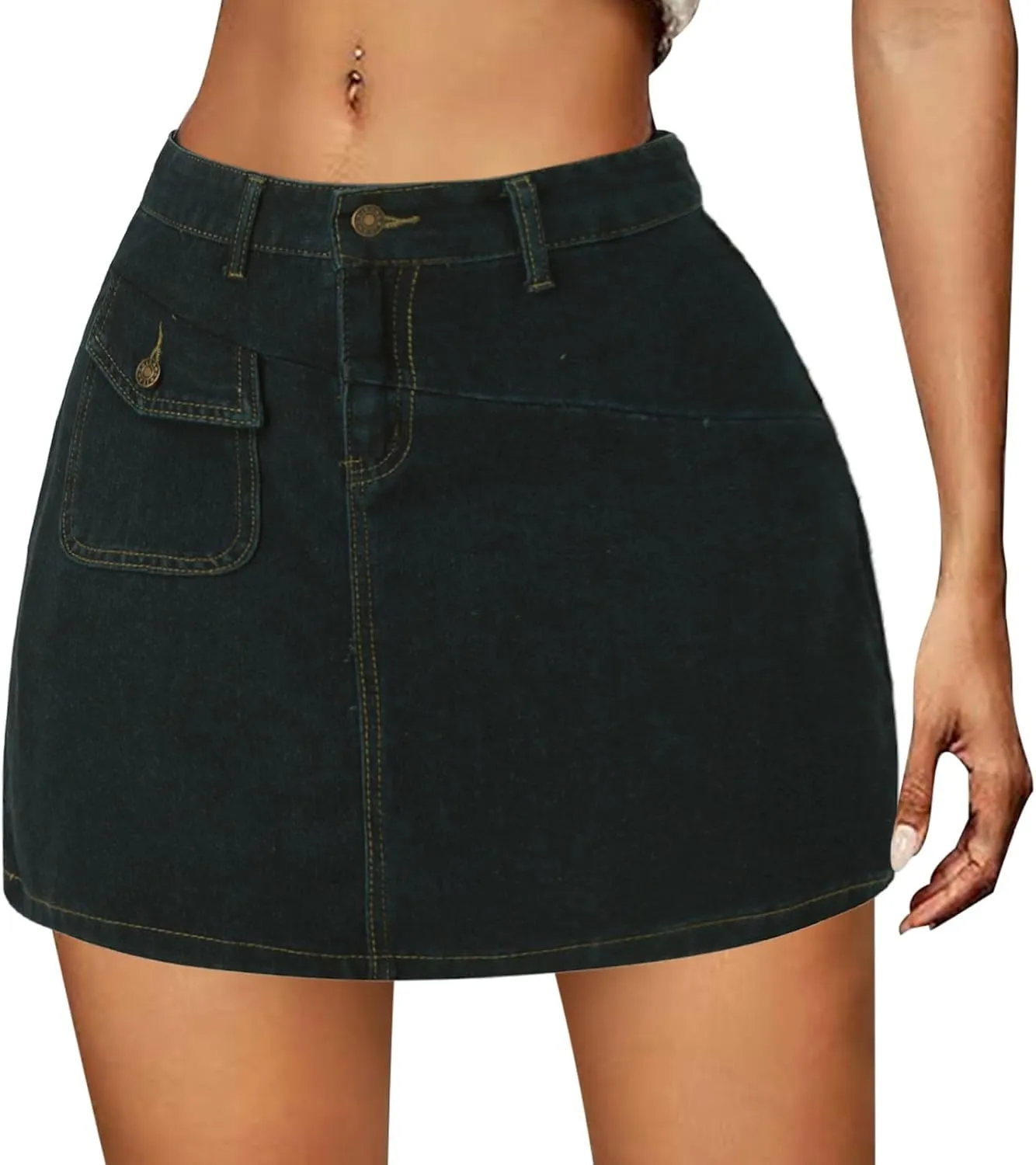 Women's Button Down High Waisted A Line Jean Stretchy Mini Denim Skirt Front Short Pencil Skirt with Pockets